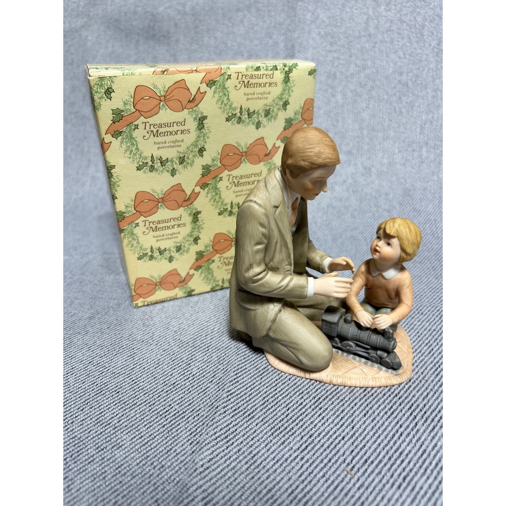 Enesco Treasured Memories Figurine "The New Train" Tan Father Son Porcelain 1983